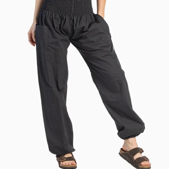 Bali Pant Smocked Waist Accent Tapered Leg Outdoor Travel Pockets Pants Black - Picture 2 of 11